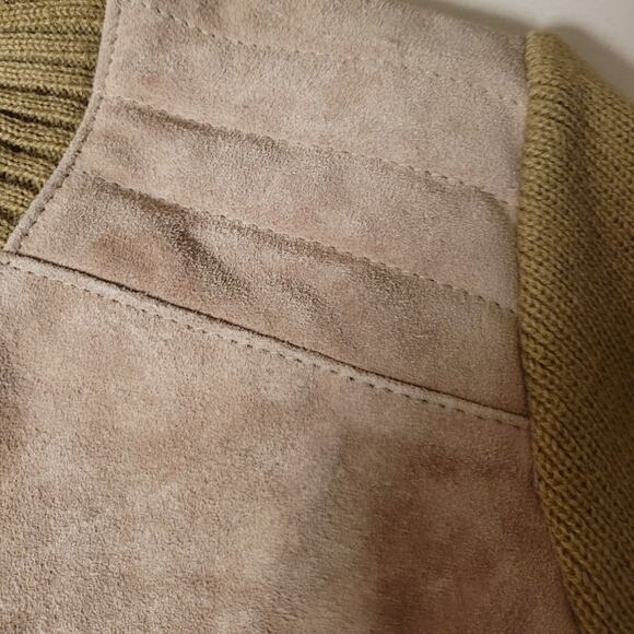 Vintage 70's 80's Suede & Knit Bomber Jacket Men's Tan & Olive Military Green - Picture 5 of 8